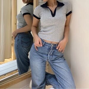 Brandy Melville Gray and Marine Blue Polo Top one size juniors
